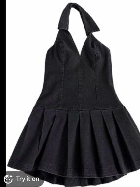 Black Halter Pleated Skater Dress